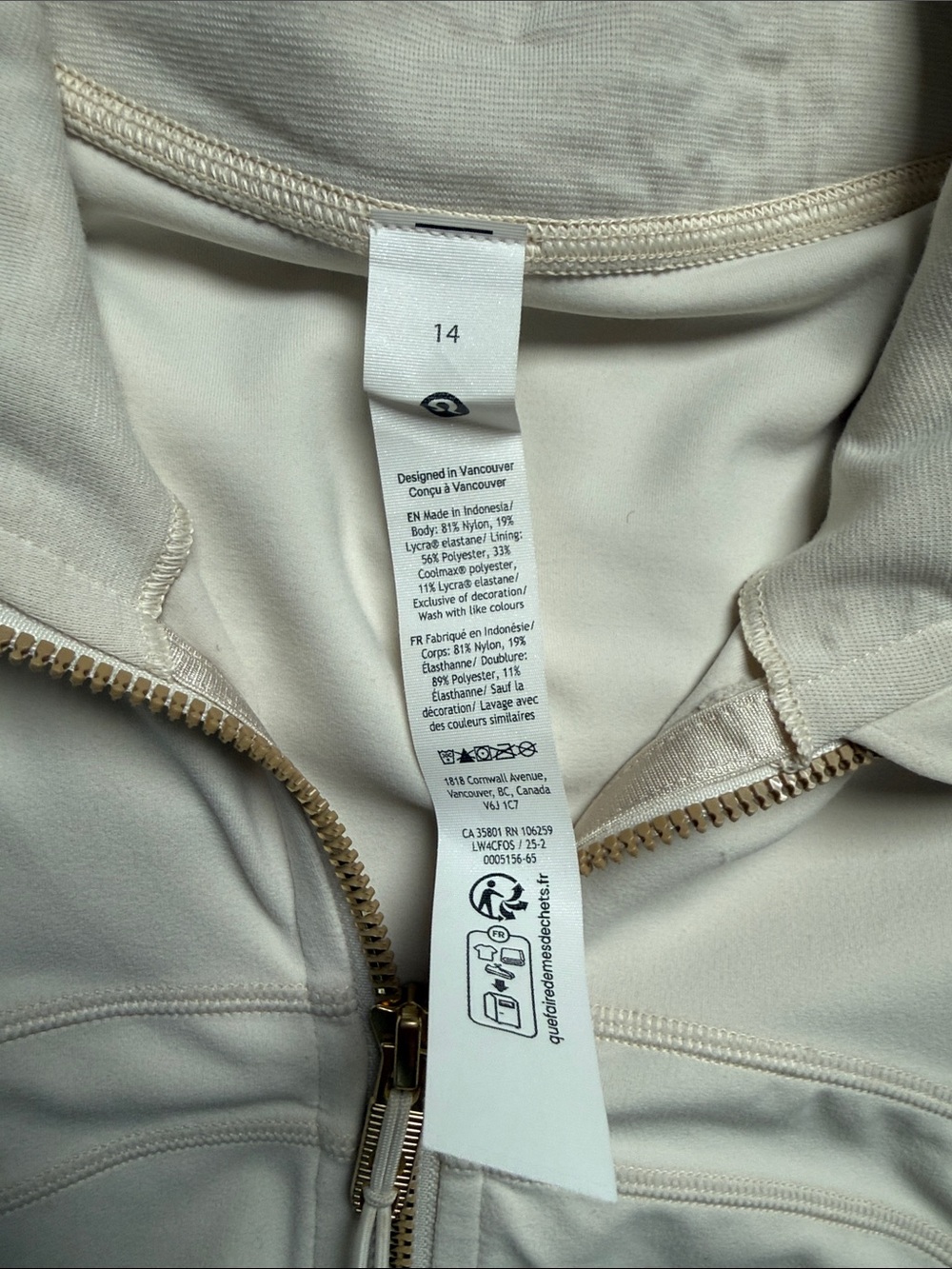 lululemon athletica Cream Full-Zip Bomber Jacket with Gold Zippers - Picture 5 of 7
